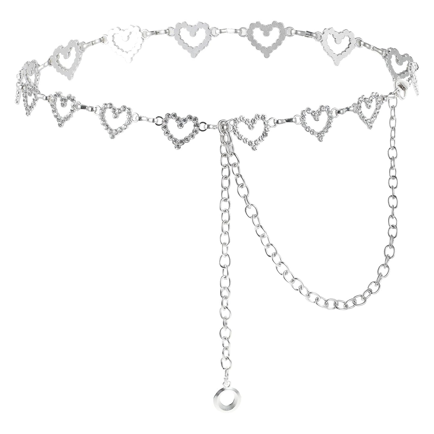 Chain Belt for Women Heart Belts Rhinestone Silver Waist Chain Boby Belly Chains Jewelry for Dresses Jeans