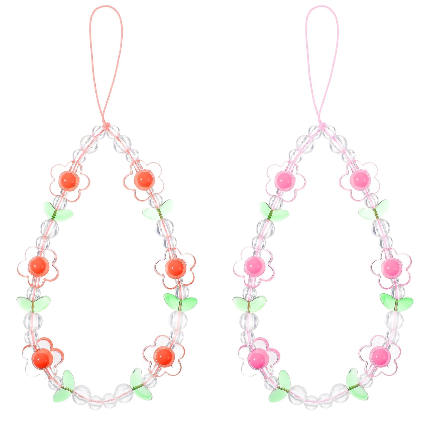 2 PCS Cute Beaded Phone Charms Strap, Flower Pearl Bracelet Wrist Strap Lanyards Pink Orange Camera Pendants Y2k Accessories, Aesthetic Cell Phone Keychain Decoration for Women Phone Bag Wallet