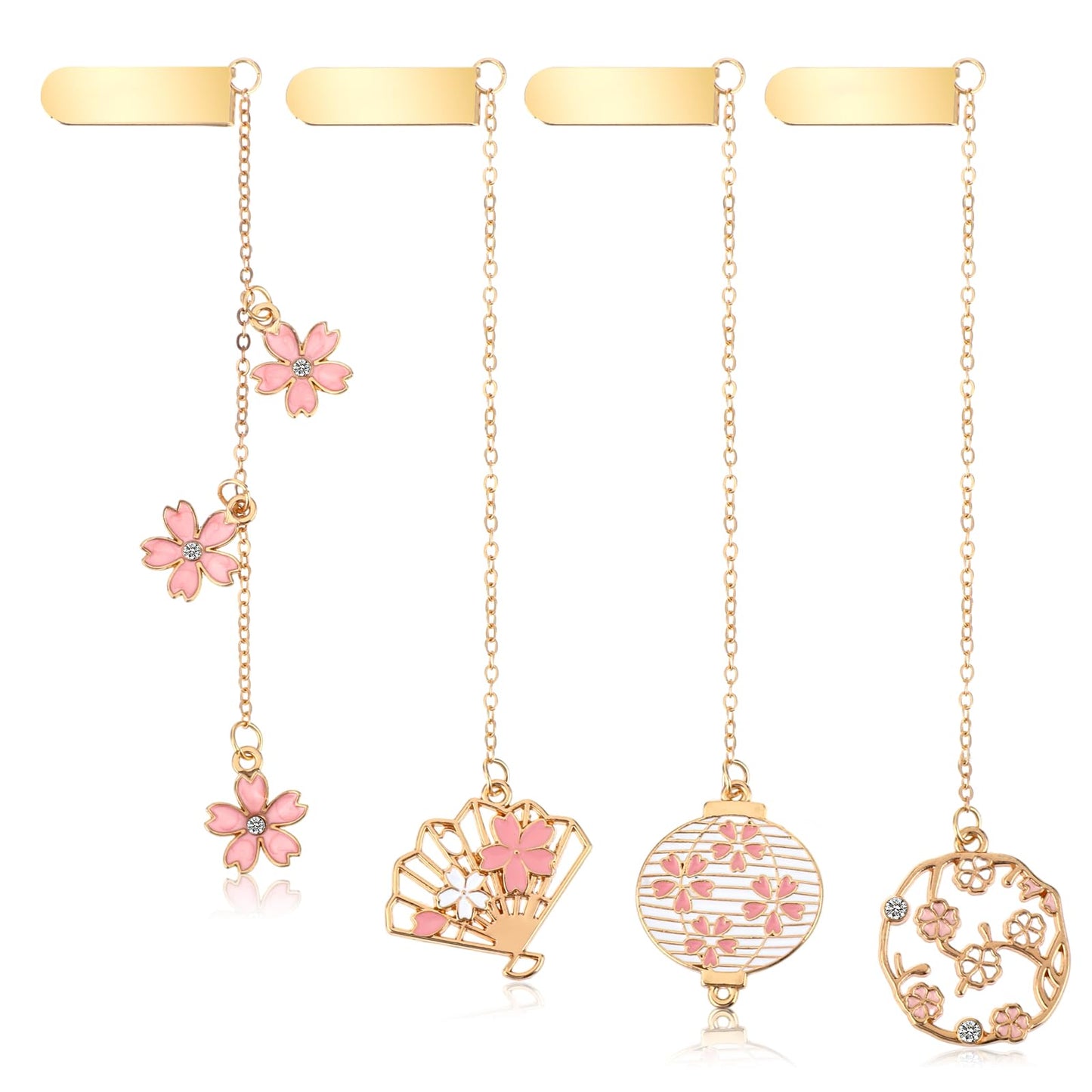 Mabor 4 Pack Romantic Pendant Bookmarks Metal Bookmarks with Chain Cute Pink Flower Book Marks for Book Lovers Romantic Book Marker Gift for Teen Girls Women