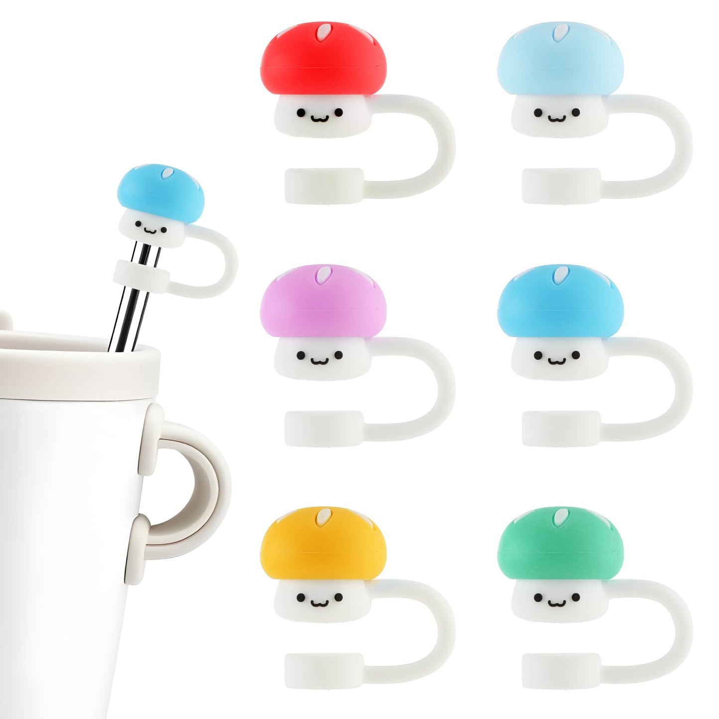 Tyqour 6pcs Silicone Mushroom Straw Topper Compatible with Stanley 20 30&40 Oz Cup, 10mm Cute Straw Toppers, Reusable Water Bottle Straw Cover for Stanley Cup Accessories