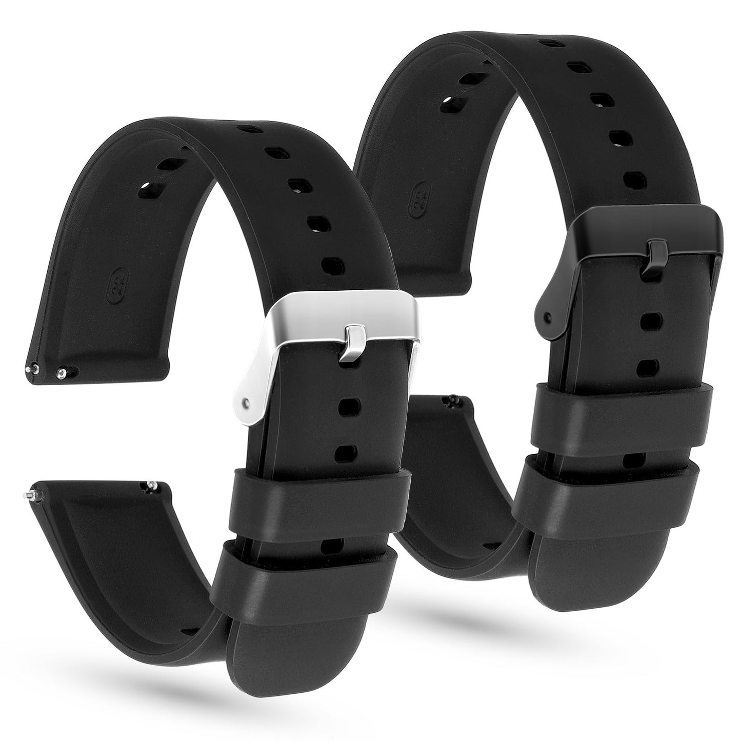 2 PCS 22mm Silicone Watch Band Rubber Watch Strap H Band Watch Band Replacement Dive Watch Band Silicone Quick Release Soft Rubber Replacement Watch Strap for Men Women Silver Black Mental Buckle