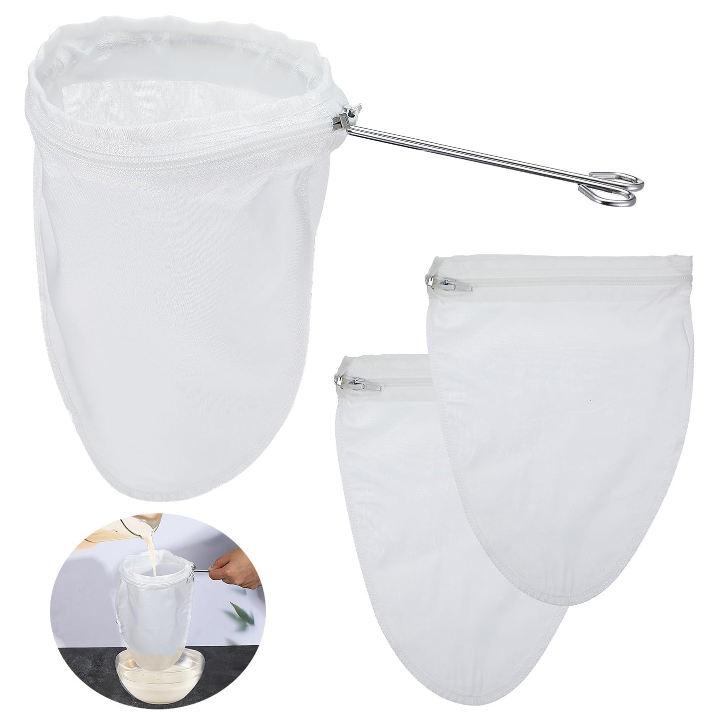 Xinjoduz 2 Pack Ultra Fine Mesh Strainer Bag with 1 Stainless Steel Frame Handle, Reusable Food Grade Juice Strainer with Filter Zipper Bags Cheese Cloths for Straining Nut Milk Coffee Butter Juices