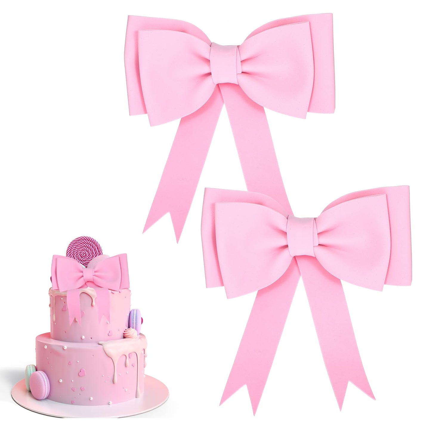 2 PCS Pink Bow Cake Topper Oversized Princess Bow Cake Topper Pink Birthday Toppers for Girls Insert EVA Foam Bowknot Decorations for Women Girls Birthday Wedding Party