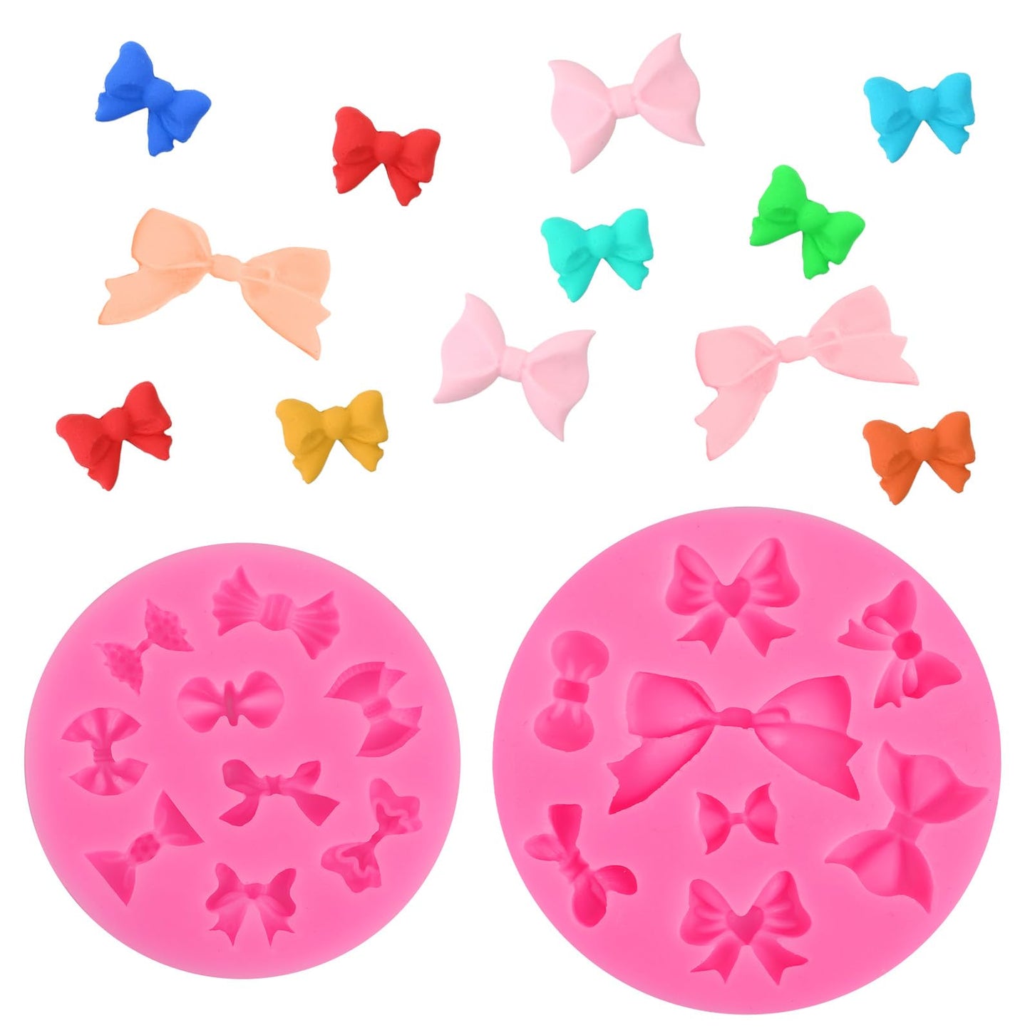 Xinjoduz 2 PCS Bows Silicone Fondant Mold, Chocolate Sugar Molds Silicone Candy Baking Molds Mini Pop Cake Mold for Birthday Wedding Party DIY Cake Decorating Craft Molds (Pink, 2 Size)