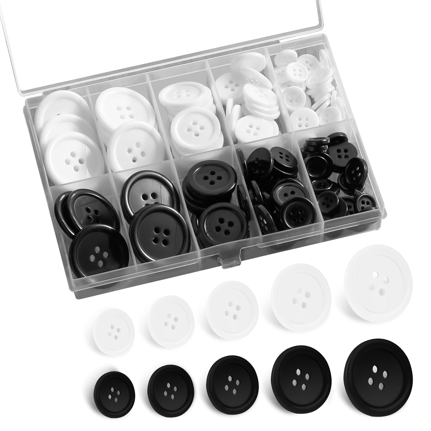 Nogeqi 160 Pcs Button Sewing Kit 5 Sizes Mixed Black White Buttons 4 Hole Craft Buttons Round Buttons for Sewing Crafts Pant Suit Cloth DIY Decoration (Separate Storage Box)