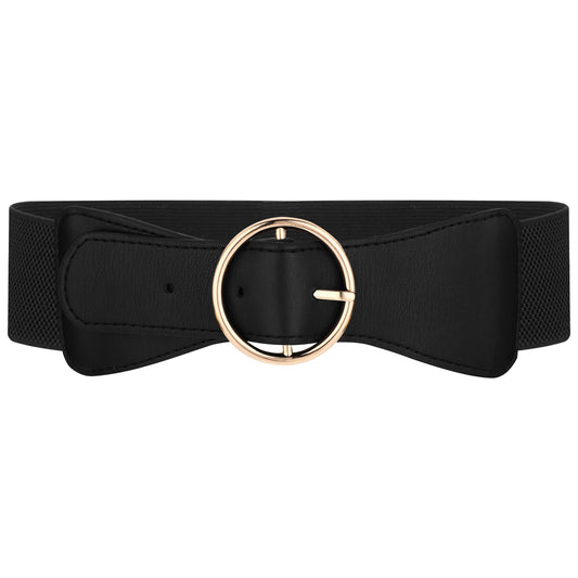 Women Stretchy Wide Waist Belt Elasticated Belt For Women Ladies Belts For Dresses With Gold Round Buckle Stretchy Elastic Vintage Belts Thick Black Belt For Dresses Jumpsuit Shirts(Black)