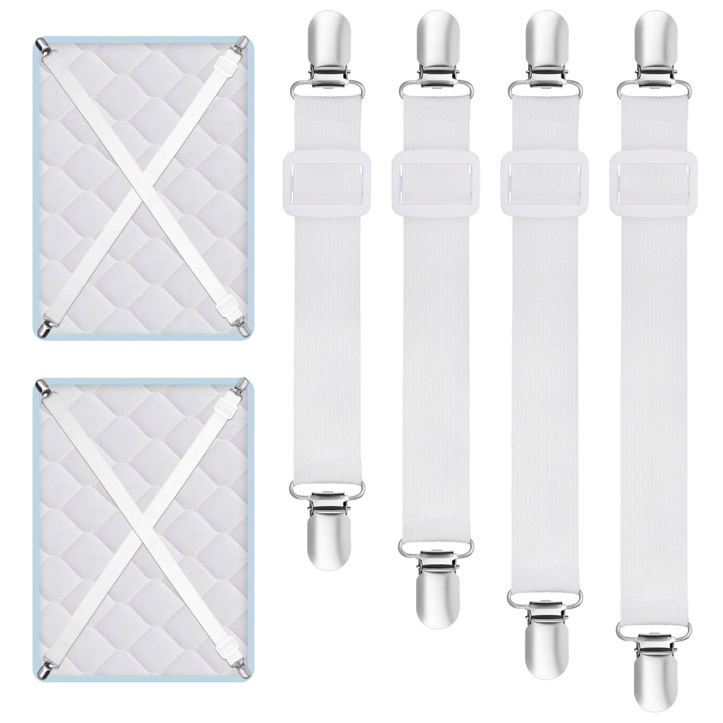 Ouligay 4pcs Bed Sheet Straps with Clips, 65cm-240cm White Adjustable Bed Sheet Clips, Elastic Bed Sheet Grippers for Bedding, Mattress Covers, Bed Sheets, Sofa Cushion