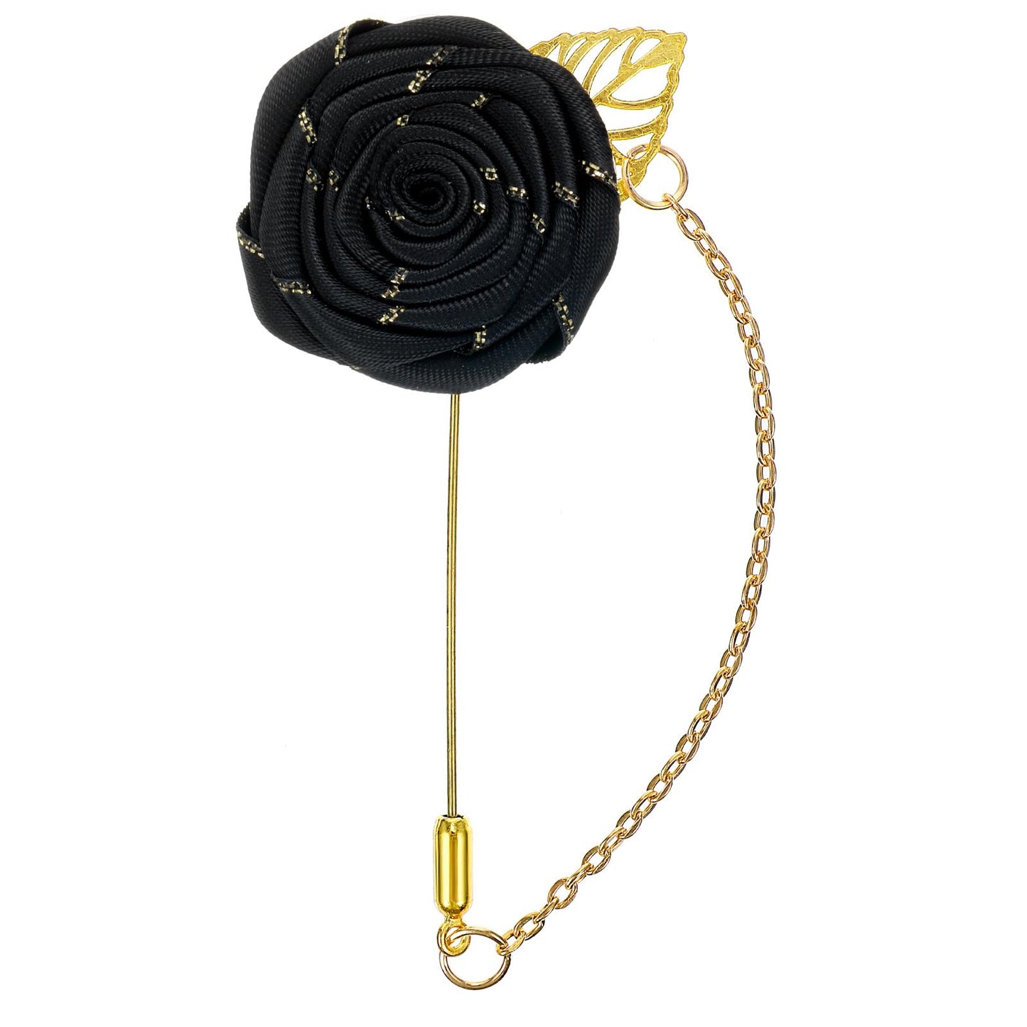 Ymapinc Lapel Pin for Men,Rose Flower Brooch Pin Wedding Brooches,Satin Gold Leaf Fringe Chain Brooch for Suits Jacket Lapel Pins, Groom Best Man Wedding Accessories(Black)