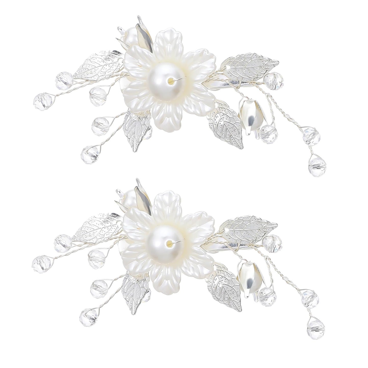 Flower Hair Clips for Women, 2PCS White Flower Clips Silver Leaf Vine Floral Girl Hair Accessory, Pearl Hair Accessories for Brides and Wedding Women