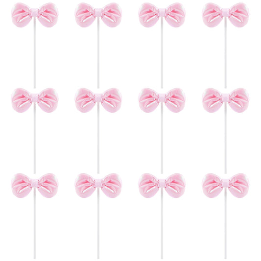12 PCS Pink Bow Cake Topper Pink Bow Cupcake Toppers Bowknot Cupcake Picks Baby Shower Cupcake Toppers for Bachelorette Bridal Engagement Wedding Girl Baby Shower Theme Party Decor