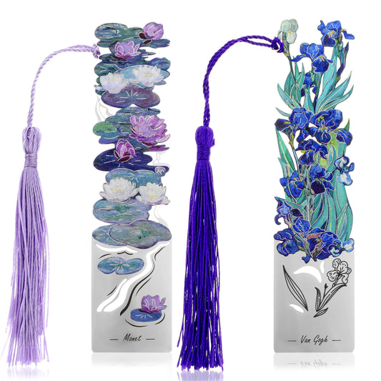 Ymapinc 2 PCS Metal Flower Book Markers for Women, Oil Painting Iris & Water Lily Flower Aesthetic Floral Bookmarks with Tassel Graduation Teacher Gift