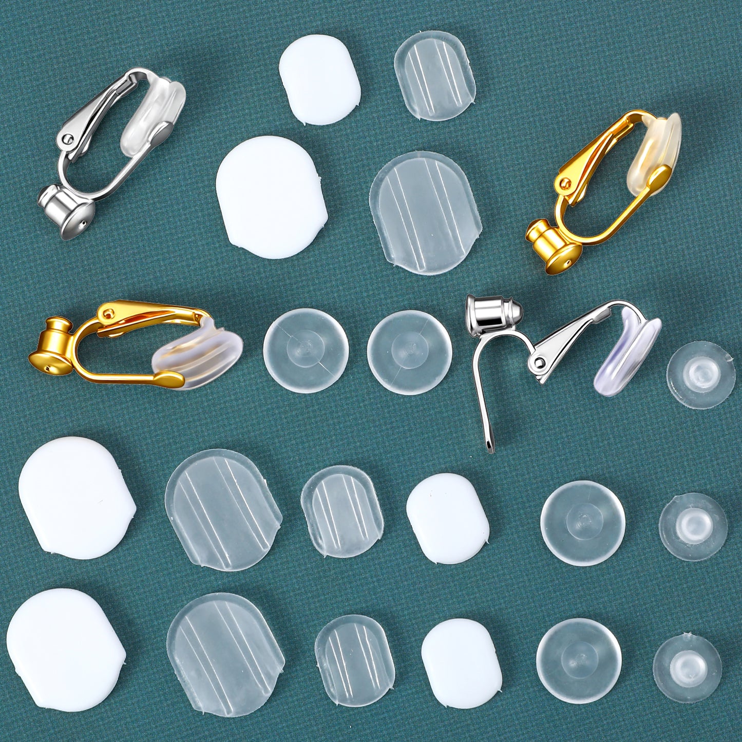 Xindojuz 60 PCS Clip on Earring Pads, 6 Sizes Silicone Clip-on Earring Backs Clear Silicone Comfort Earrings Cushions Pads Earring-Covers for Sports Clips on Earrings (Clear White)