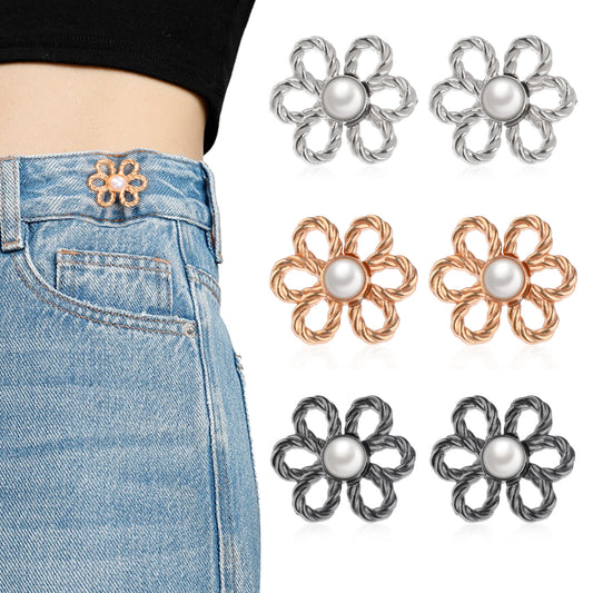 Xinjoduz 6 Sets Pant Waist Tightener, Adjustable Pearl Flower Clothing Cinch Clip Detachable Alloy Brooch Pins for Jeans Decorative No Sewing Jean Buttons for Loose Jeans Pants Skirts Sleeves(3 Color)