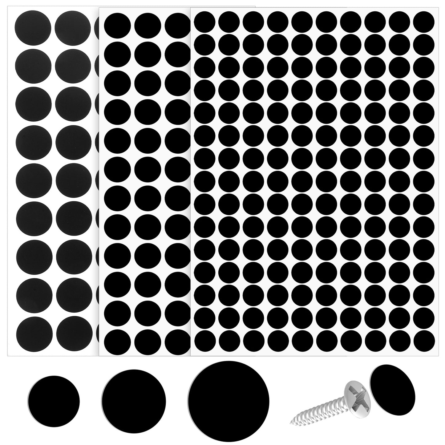 290PCS Screw Covers Self Adhesive Screw Cover Stickers, 12mm 15mm 21mm Non-faded White Hole Cover Pvc Dustproof Sticky Screw Covers Caps Decals for Furniture Wood Screws Wall Cabinet Desk Wall (Black)