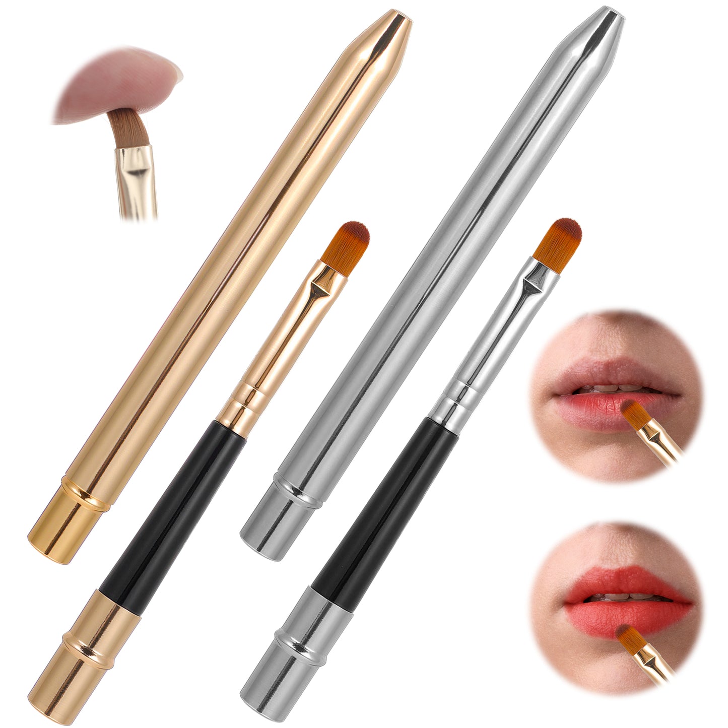 Nogeqi 2 Pcs Lip Brush for Lipstick, Lipstick Brush with Cap, Lip Mask Applicator, Makeup Brushes for Women's Lips(Gold Silver)