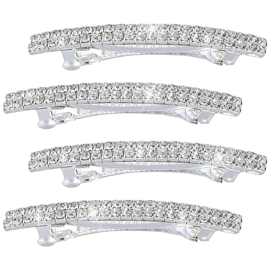Xinjoduz 4 PCS Sparkly Rhinestone Hair Clips, Silver Crystal Ponytail Holder Side Clips Bling Metal Spring Small Hair Barrettes for Women Girls Bridal Wedding Engagement Prom Valentines