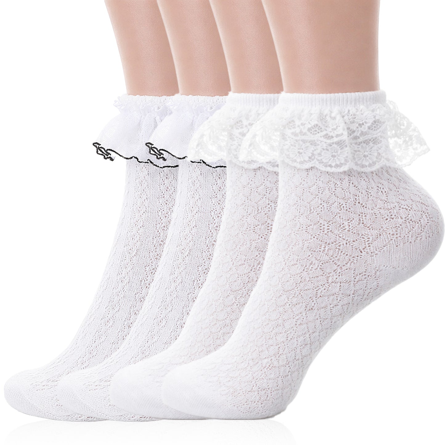 Nogeqi 2 Pairs White Ruffle Socks for Women, Breathable Cute Frilly Socks Women, Comfortable Cotton Lace Ankle Sock for Ladies Girl Princess Lolita, 2 Style