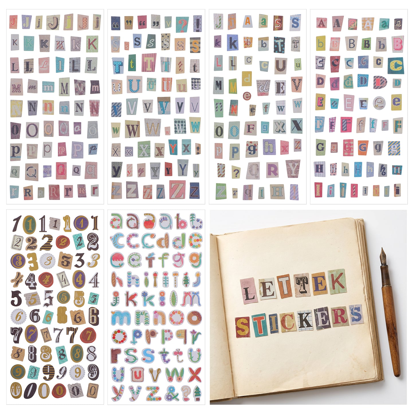 Ouligay 1388 PCS Vintage Scrapbook Letter Stickers 24 Sheets Graffiti Scrapbook Letters Cute Self Adhesive Small Alphabet and Number Stickers for Junk Journal DIY Art Album Paper Crafts