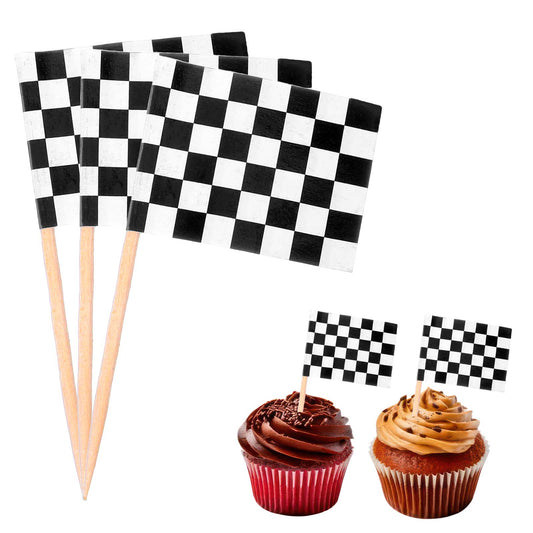 Ymapinc 100pcs Cupcake Topper Sticks - Black and White Checkered Flags on Sticks for Cars Cupcake Toppers, Decor Celebration Sport Events Party, Club Supplies