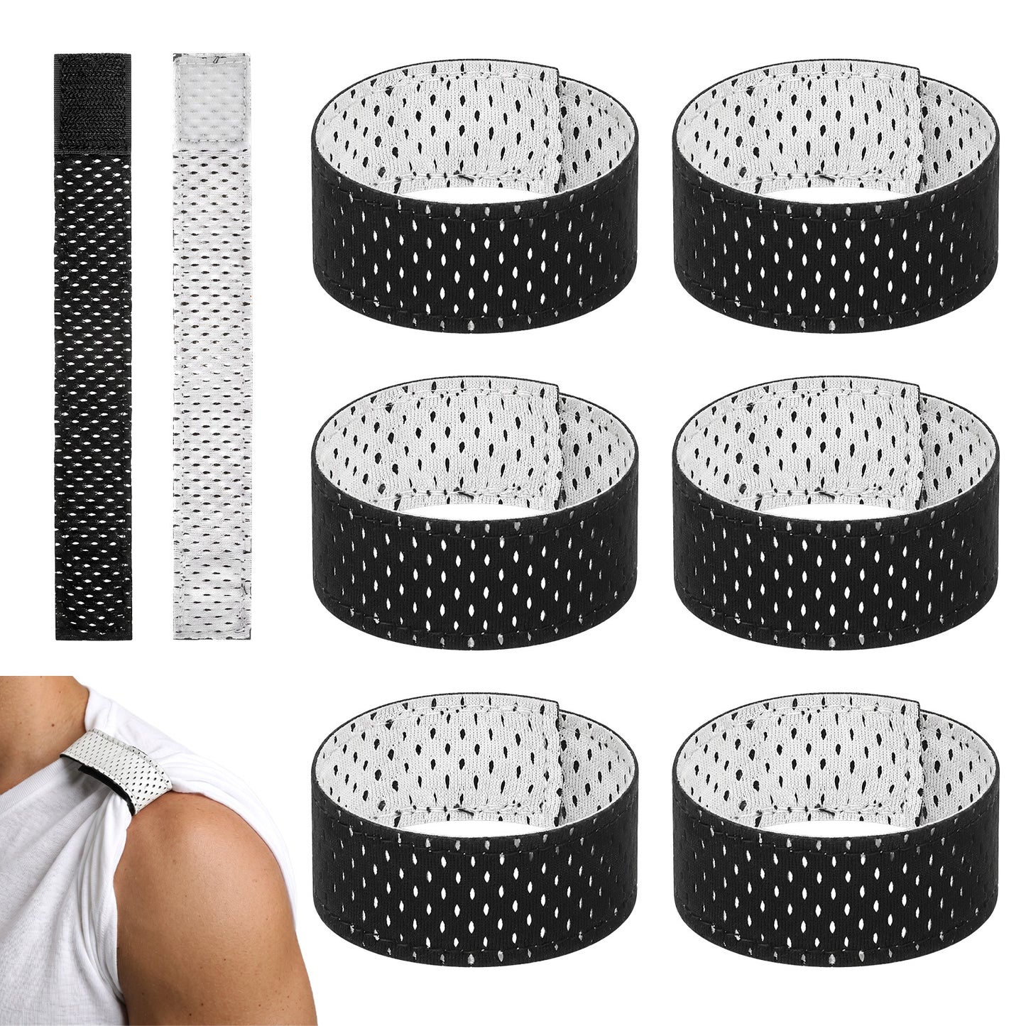 RAHHLIZS 6 Count Softball Sleeve Holders, Adjustable Breathable Mesh Sleeve Holders with Hook and Loop, Softball Sleeve Ties for Sports Bands Baseball Soccer Sports Shirts, Black White