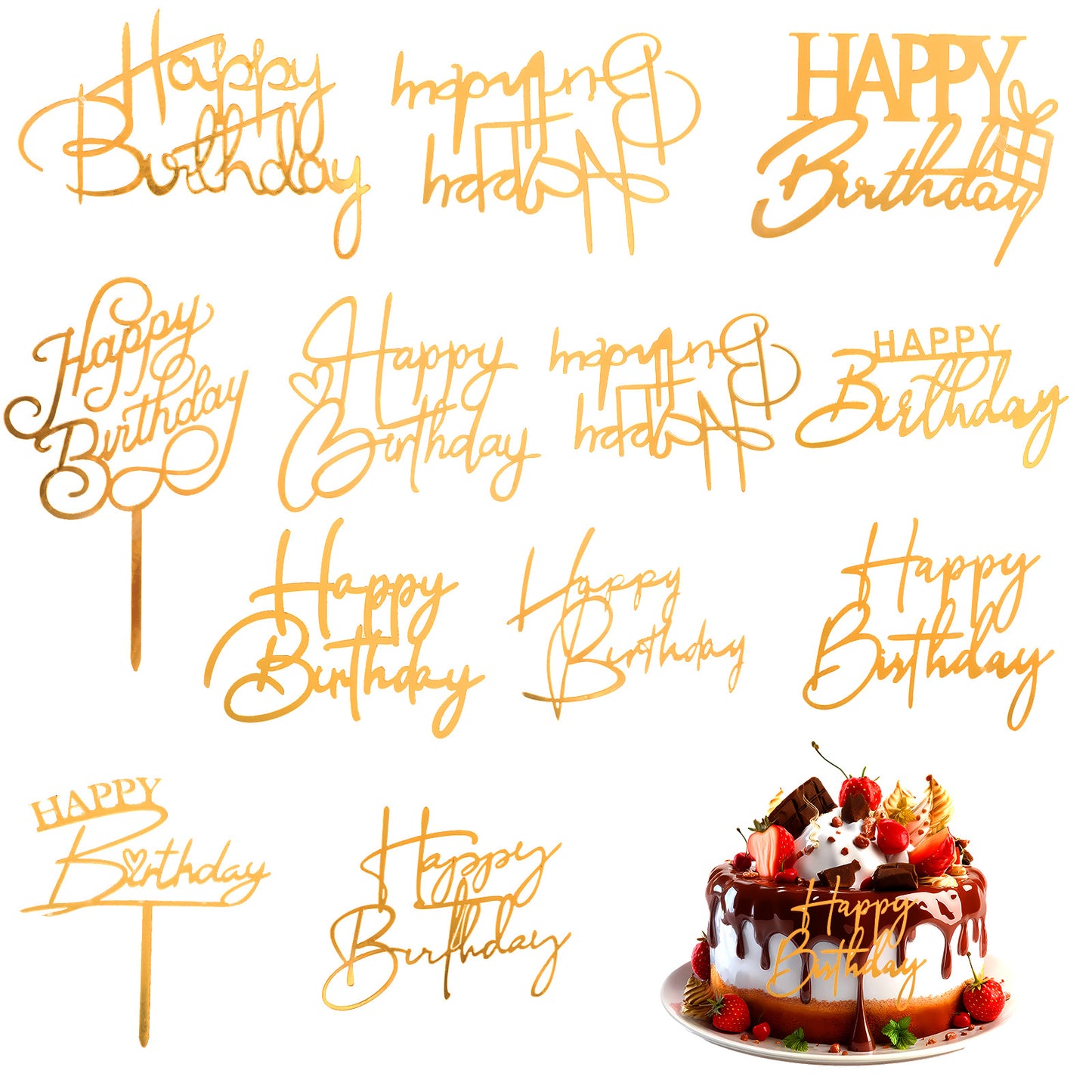 Rahhlizs 12 Pcs Gold Happy Birthday Cake Topper Mirror Acrylic Happy Birthday Cupcake Toppers Side Gold Cake Decorations for Girls Women's Party Decorations