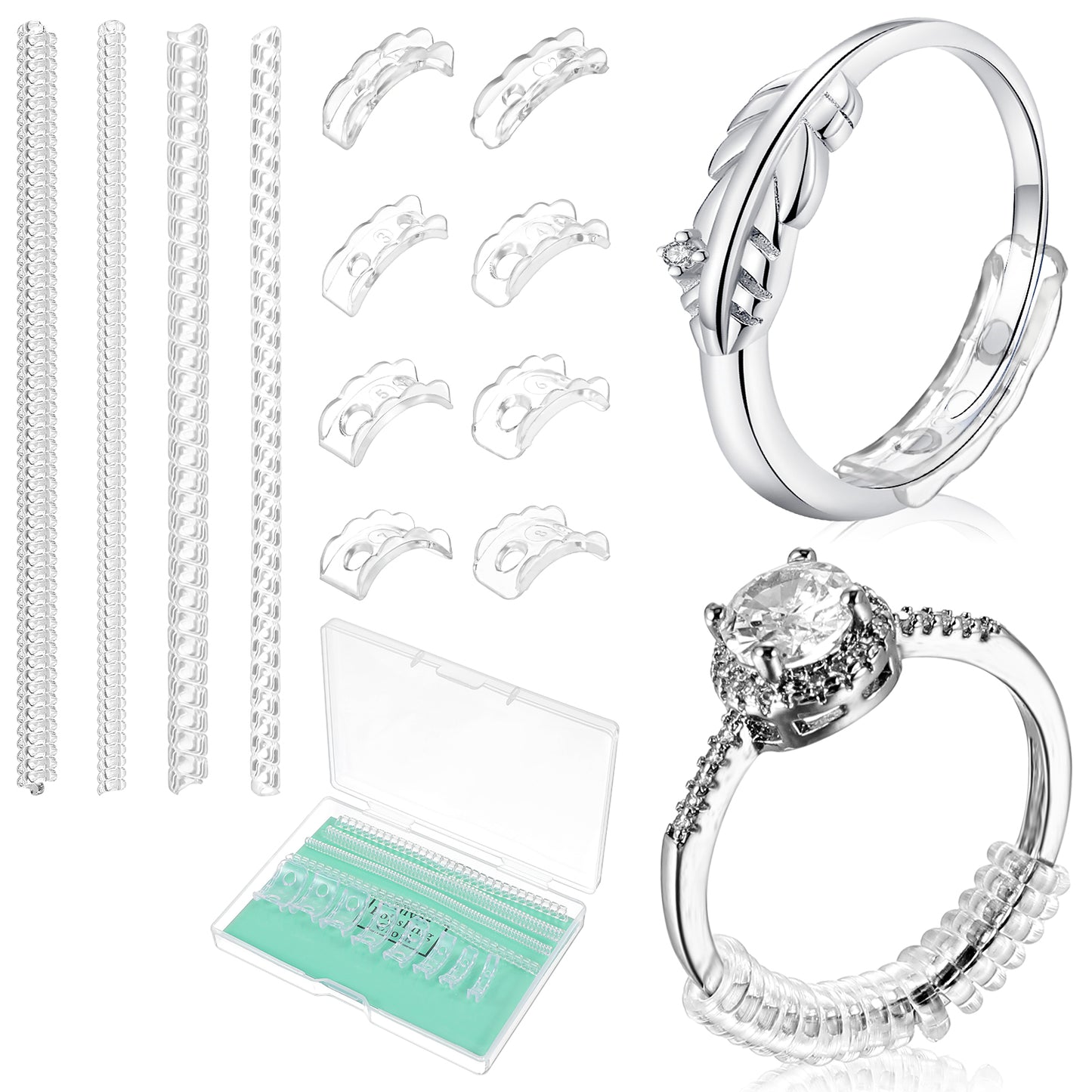 Nogeqi 16PCS Invisible Ring Size Adjuster with Box, Ring Sizers for Loose Rings, Ring Tightener Ring Guards Ring Spacers to Make Ring Smaller Without Resizing(Clear)