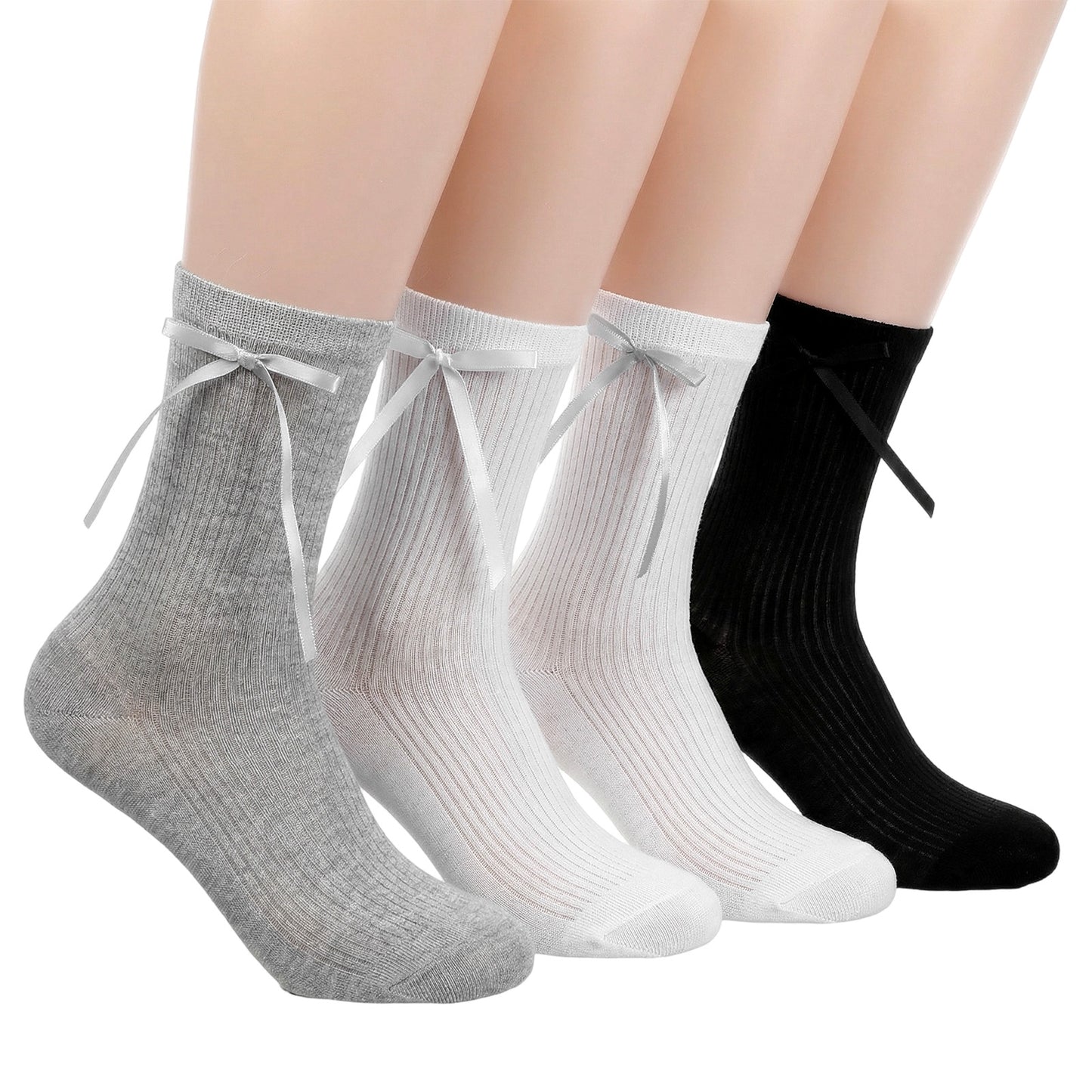 Nogeqi 4 Pair Ruffle Socks Women, Bow Cute Socks for Women, Ruffle Ankle Sock Women,Breathable Women Ruffle Sock Soft & Comfortable(Black White Gray)