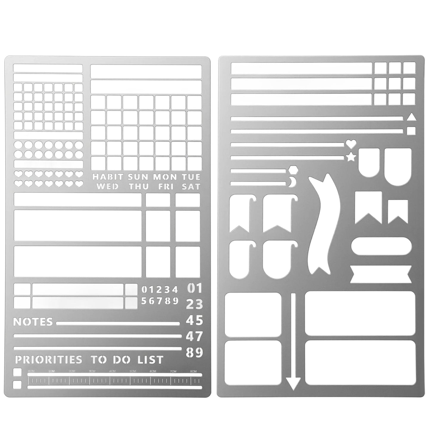 2PCS Metal Planner Stencils Rustproof Durable Reusable Journal Stencil Multi-Size Checklists Patterns Record Ruler Template Drafting Layout Tools for Journaling, Habits Tracking, Monthly Spread