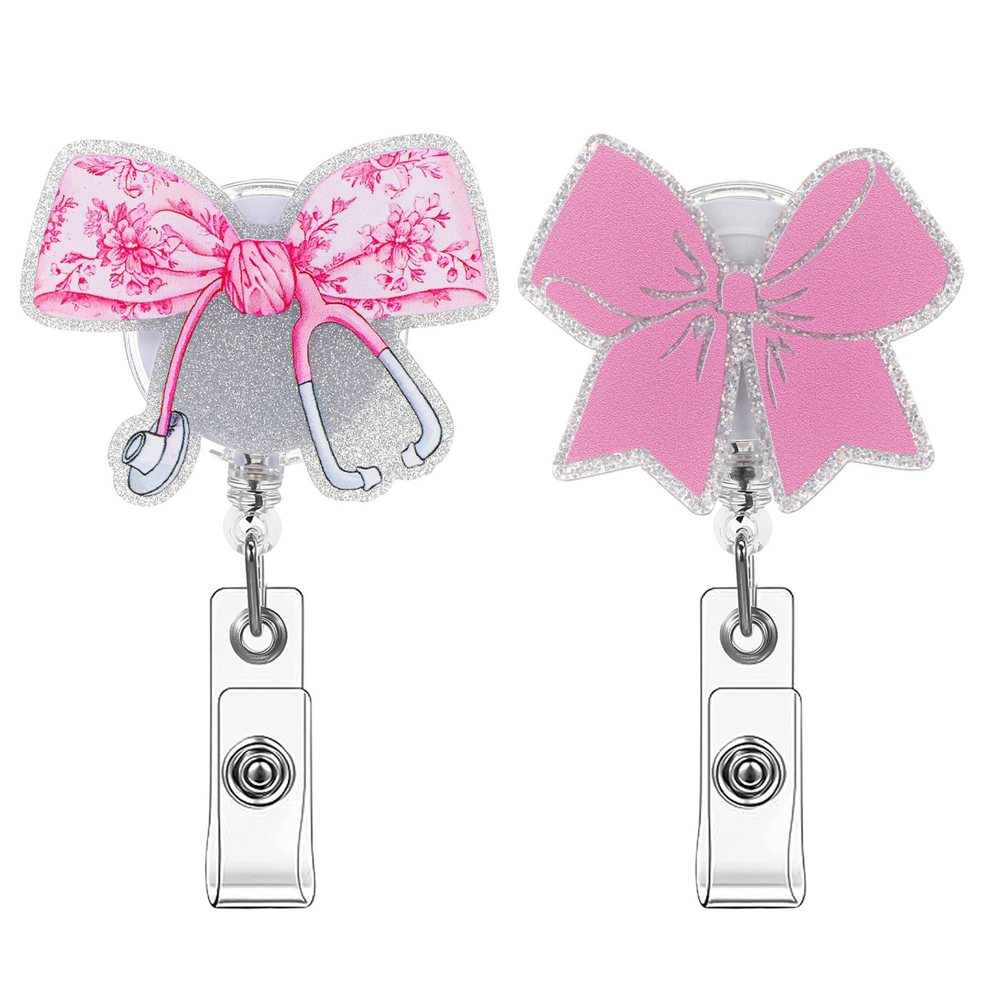 2 PCS Pink Glitter Badge Reel with Bow Stethoscope Glitter Badge Holder for Id Card Holder, Retractable Alligator Clip for Nurses, Medical Workers, Teachers