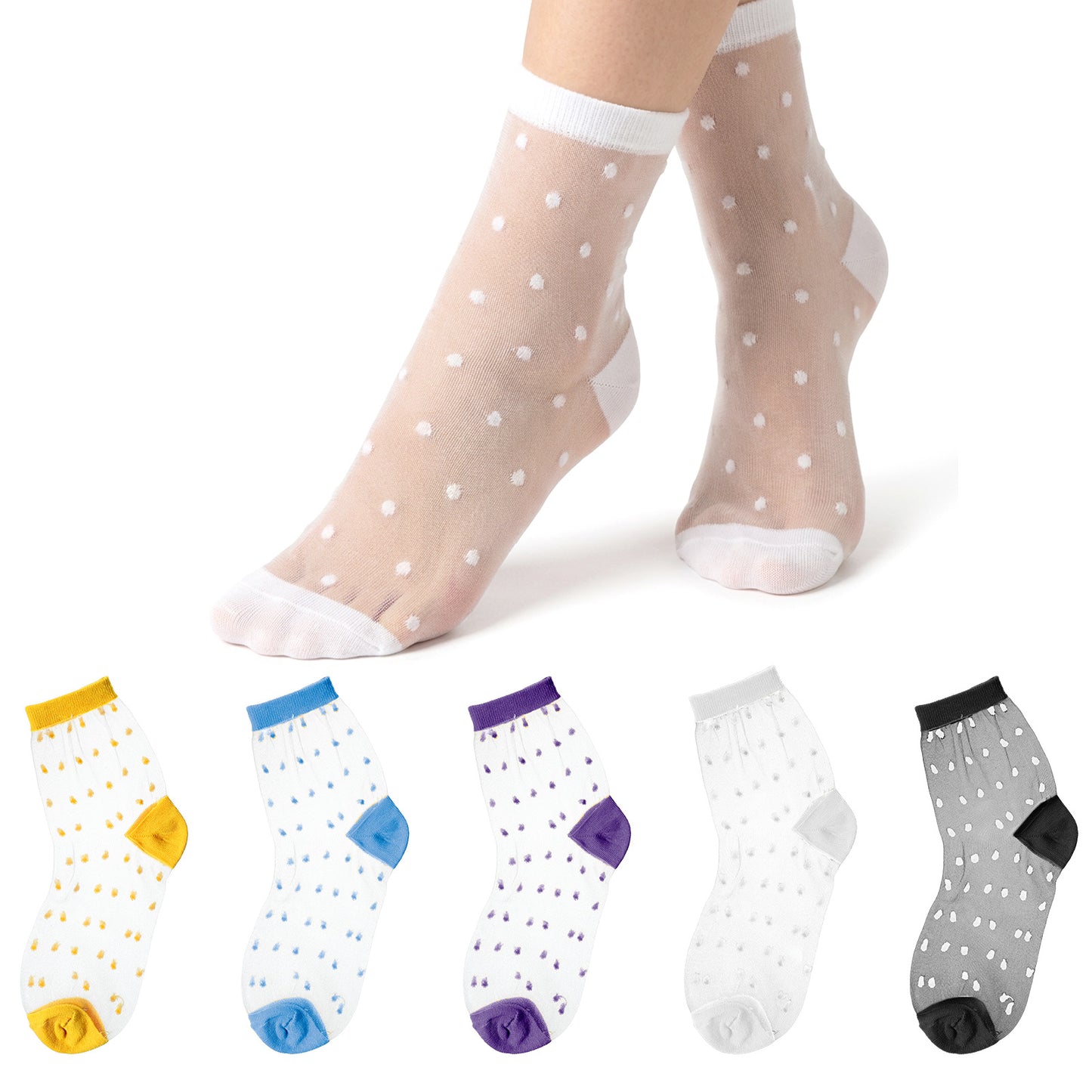 Xinjoduz 5 PCS Women Sheer Ankle Sock Set, Polka Dot Lace Socks for Women in Blue, Purple, Black, White, Ginger Yellow