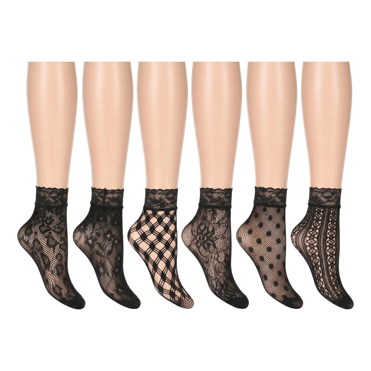 RAHHLIZS 6 Pairs Lace Ankle Socks for Women Crew Ultra Thin Black Lace Socks Elegent Sheer Mesh Fishnet Sock for Women Girls