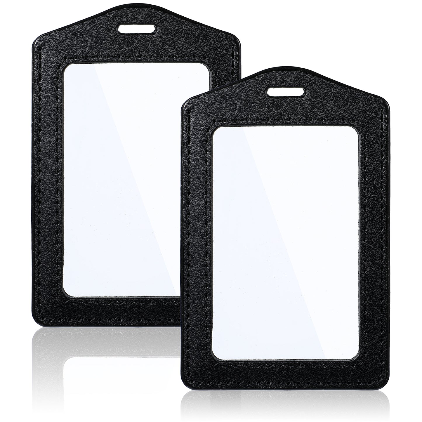 Leather ID Badge Holders, Mabor 2 Pcs Leather ID Badge Holder Vertical Double-Side Clear Card Holder Waterproof Name Badge Holder for Office Staff Students School ID Credit Cards(Black)