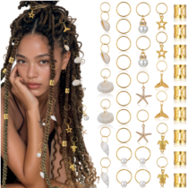 Tyqour 40pcs Seashell Gold Hair Jewelry Rings for Braids, Loc Jewelry for Braids Women, Beach Dreadlock Hair Accessories
