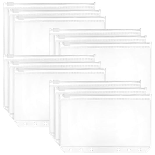 12PCS A6 Binder Pockets, Clear Zipper Pouch Folders for Budgeting, Money Folder Organizer, 6-Ring Binder Inserts for Cash Stuffing and Savings Challenges
