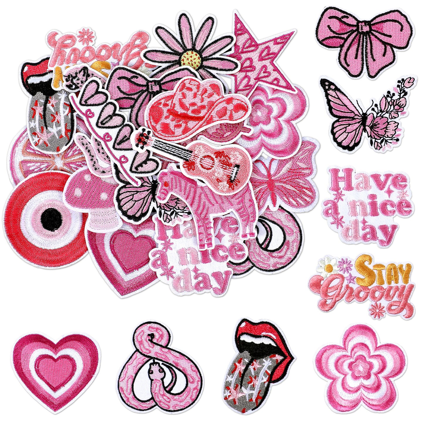 Nogeqi 20 Pcs Pink Iron on Patches for Hats,Pink Fashion Embroidered Patches,Hot Melt Glue Trucker Hat Patches,Various Patterns Sew on Patches DIY Accessories for Women Men Jeans Jacket Backpack(Pink)