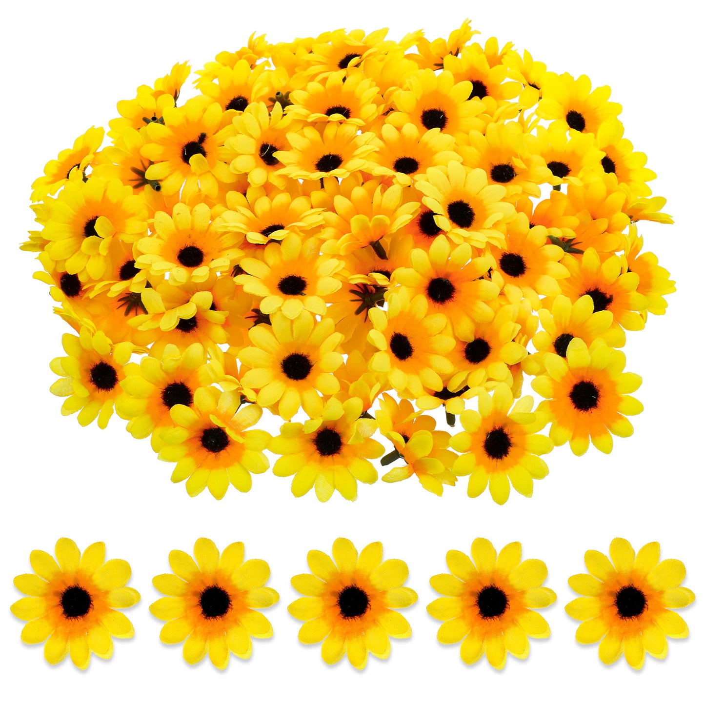 Sorcristy 100PCS Sunflowers Artificial Flowers, Yellow Flower Heads Decorations Mini Fake Sunflower Decorative Fabric Flowers Craft Embellishments for Weddings, Parties, Home Decor