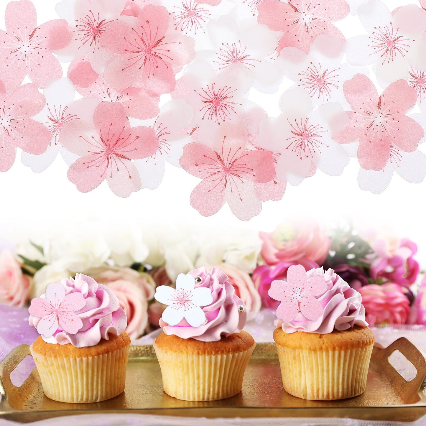60 PCS Edible Flowers Cupcake Topper Decorations, Edible Flowers for Cakes, Flowers for Cake Decorating Cherry Blossom Wafer Paper Cake Toppers for Wedding, Birthday, Baby Shower, Party Supplies