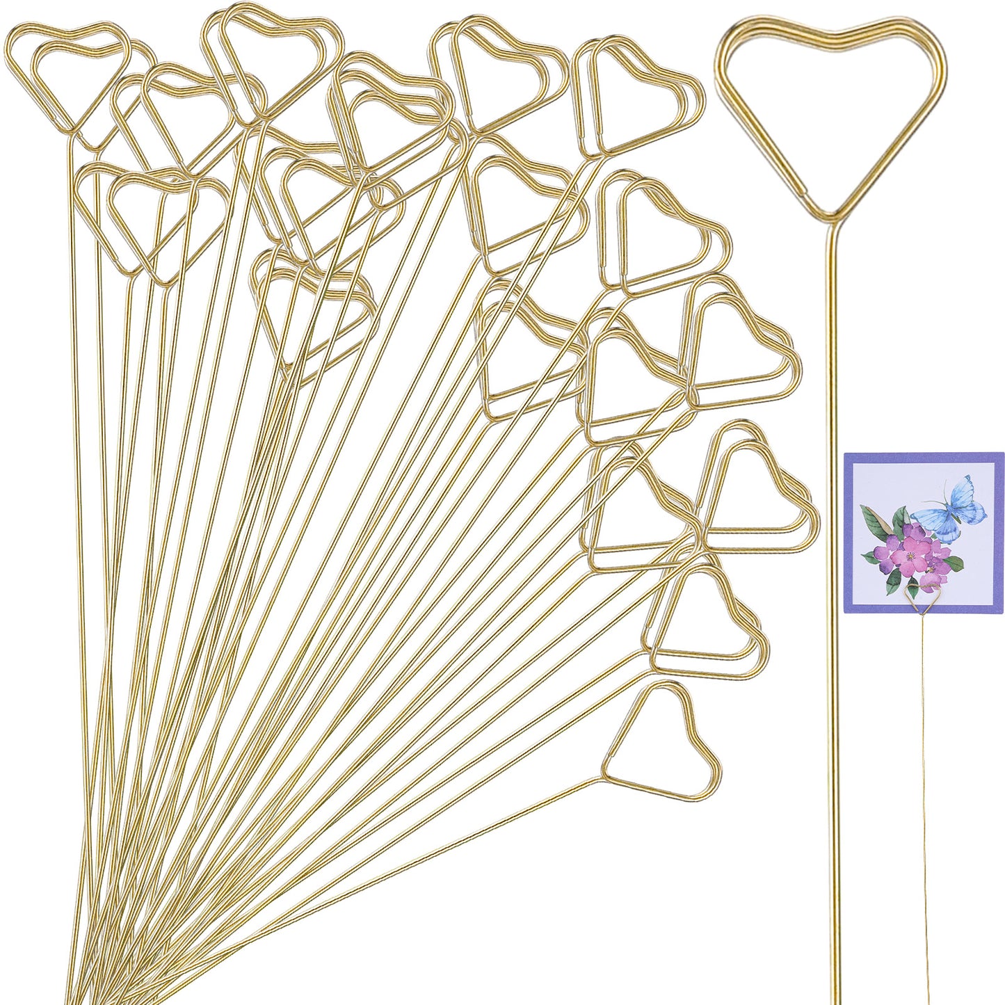 Mabor 40Pcs Metal Flower Card Holder Stick - 12.2 Inch Floral Heart Shape Gold Picture Holder Pick for Wedding and Party