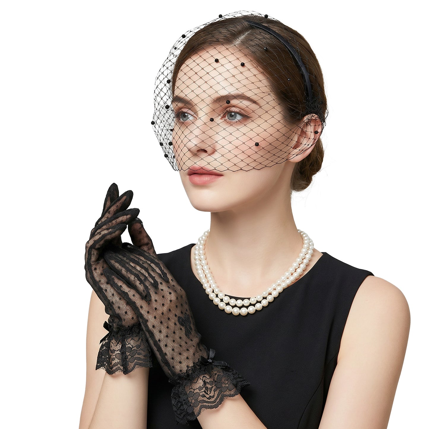 2 PCS Mesh Birdcage Veil with Black Lace Gloves, Black Veils for Women Fascinators Hats with Rhinestone for Women, Funeral Veil Headband for Woman Bridal Wedding Tea Party Funeral Church Costume