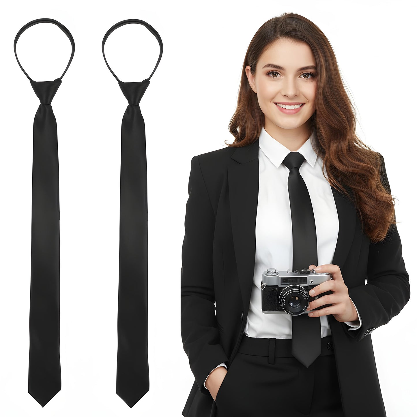 Matwsec 2PCS Black Tie for Women 15" Pre-Tied Ties for Women Neck Ties Accessory School Business Wedding Cosplay Necktie