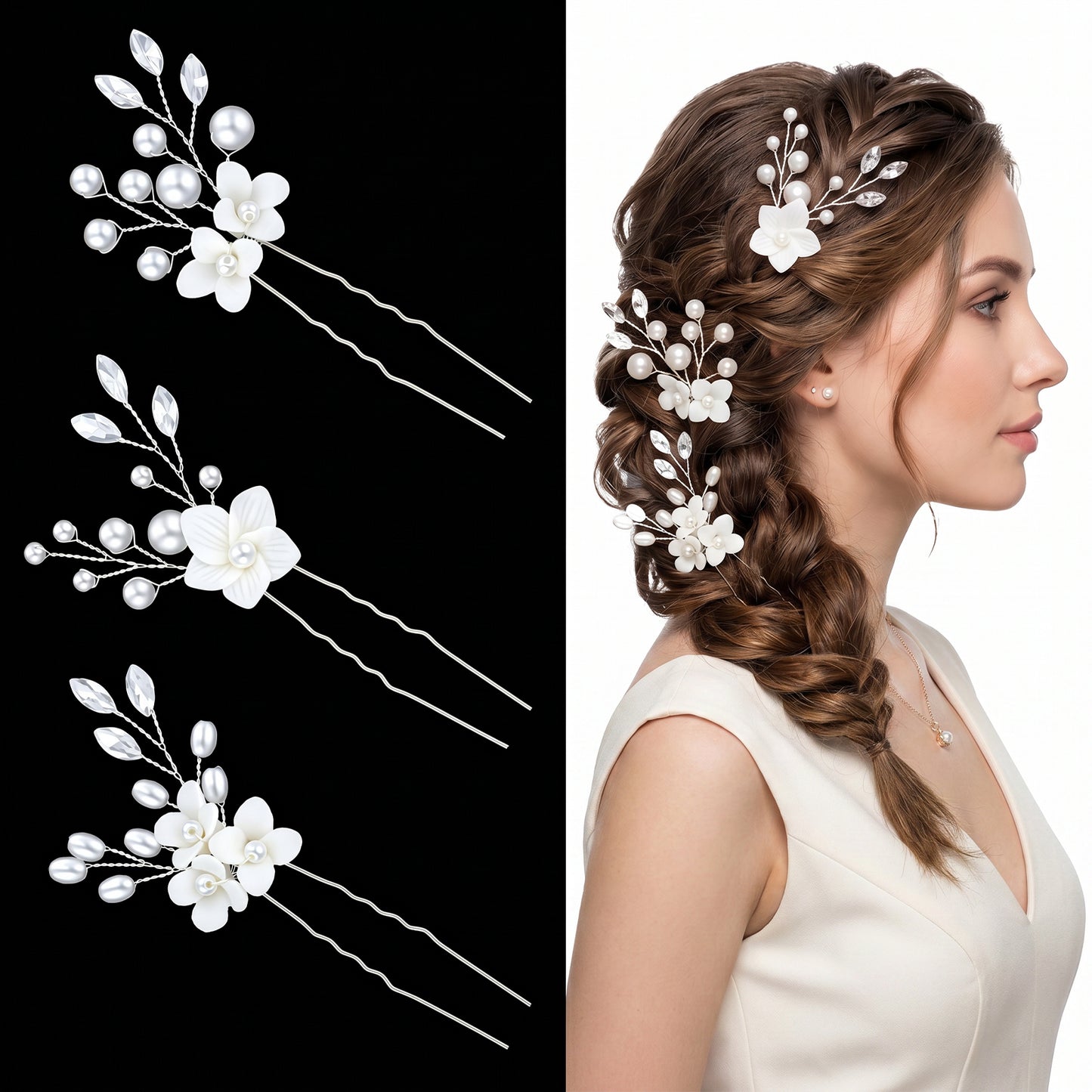 Floral Hair Pins Set of 3, Elegant Bridal Hair Accessories for Women Wedding with White Flower Design