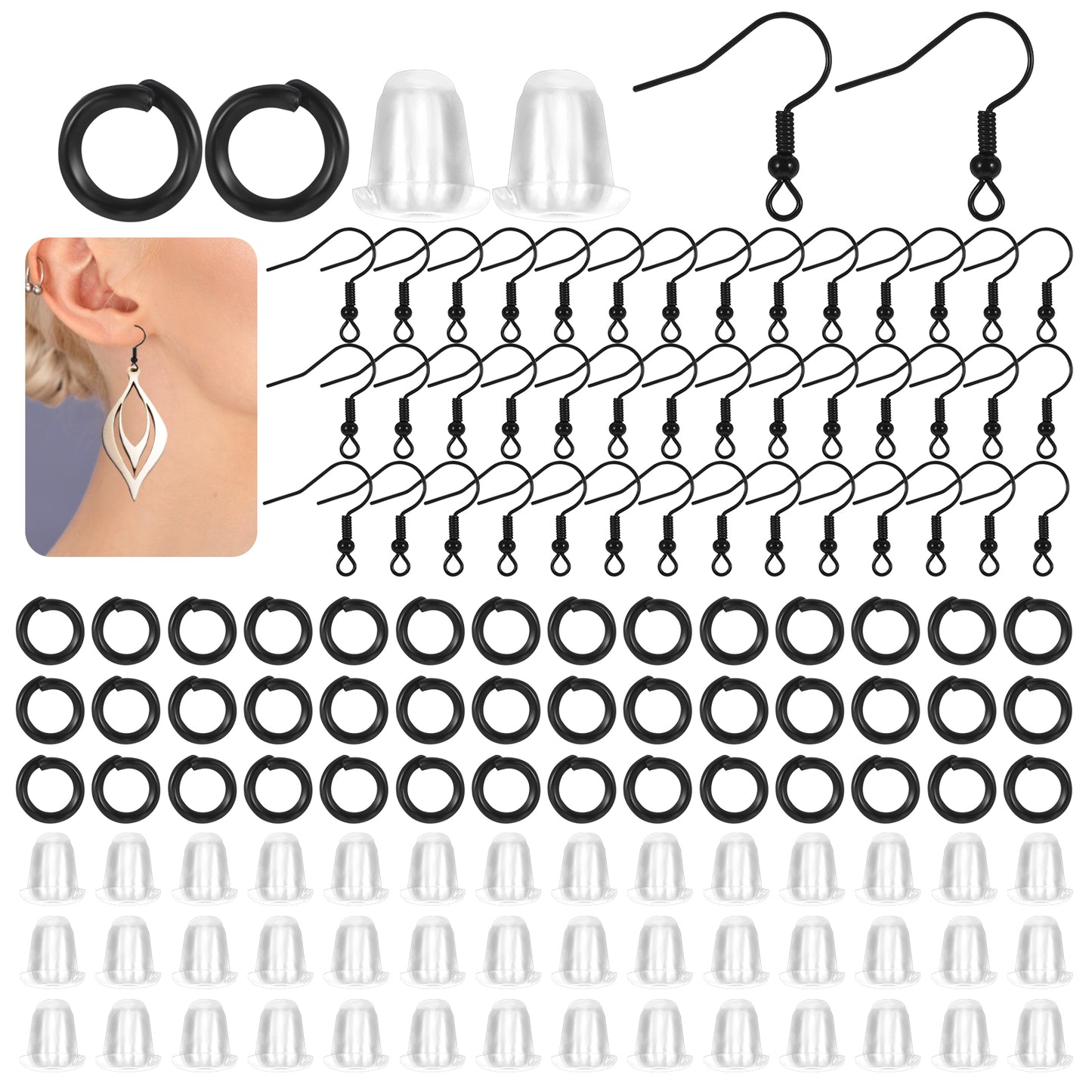 600 Pcs Black Earring Hooks Kit with Jump Rings and Silicone Backs, 19mm Earring Making Supplies for DIY Jewelry Making Supplies