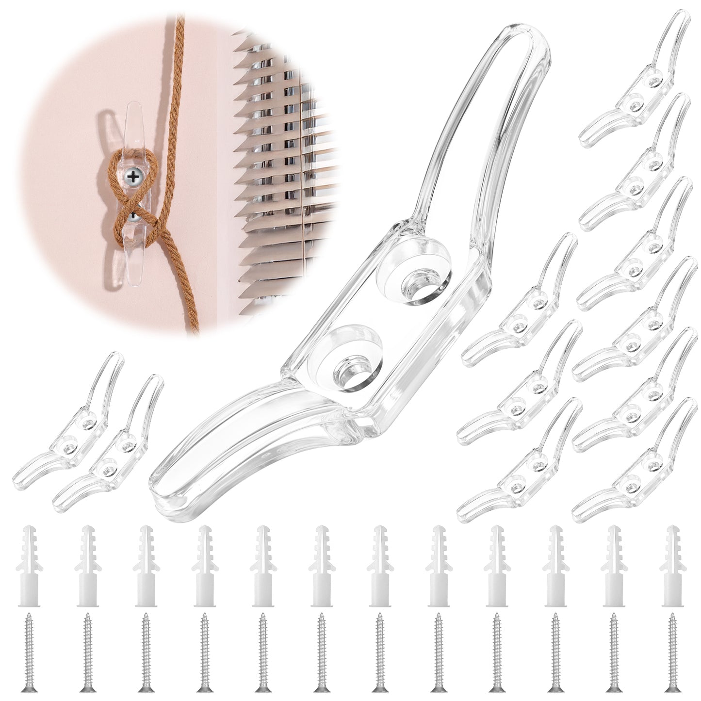 Mabor 12pcs Blind Cord Holder, Plastic Transparent Blind Cord Cleat with Screws for Window Blinds Curtains Sun Shades Ropes