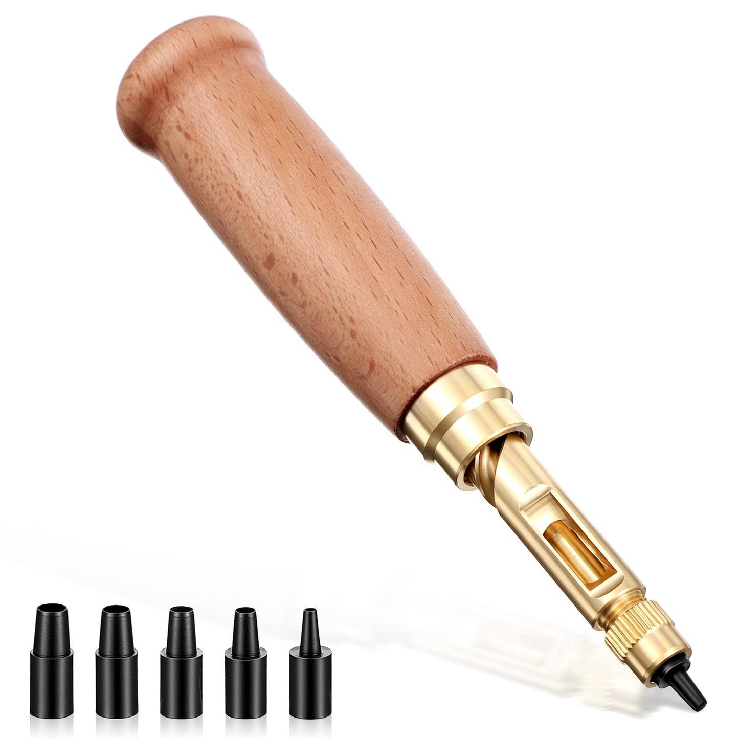 Leather Hole Punch, Adjustable Japanese Screw Punch with Wooden Handle, 6 Brass Punch Sizes (1.5mm-4mm) for Belts, Bags, Wristbands, Paper, Rubber, Plastic, and DIY Crafts