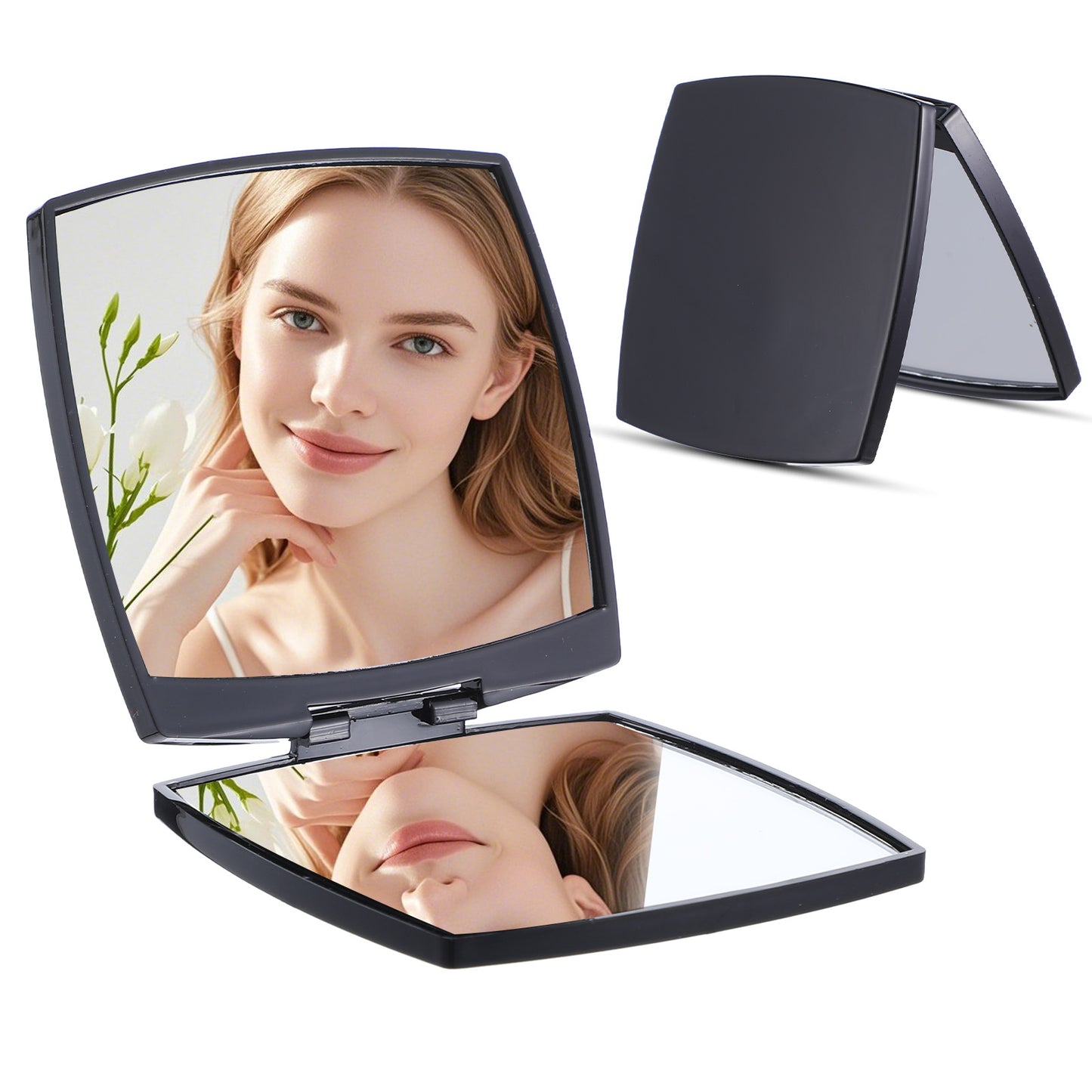 Nogeqi Compact Mirror for Purses,Travel Magnifying Mirror,Simple Style Small Mirror for Purse with Box,Foldable Pocket Mirror for Women,Travel Must Haves for Women Girl Makeup(15X/1X Black)