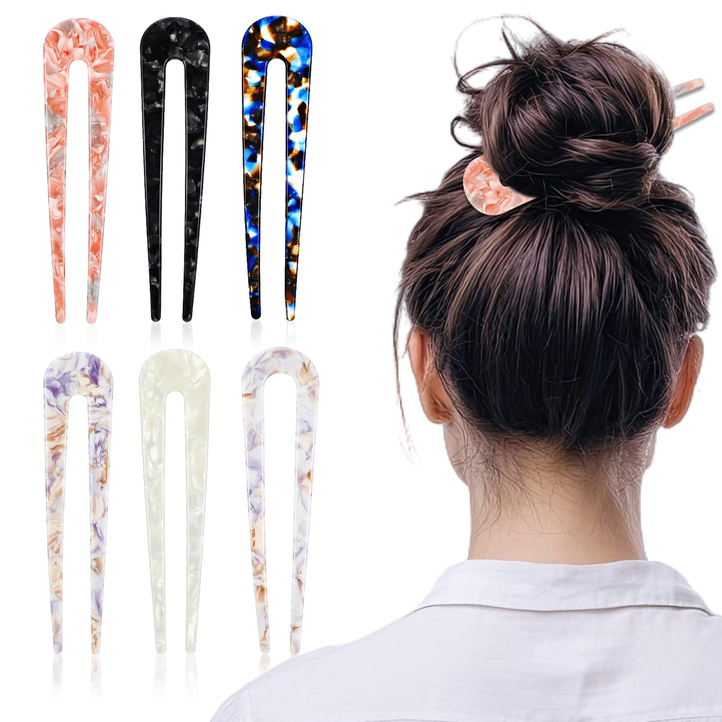 Tyqour 6 Pieces U Shaped Hairpins French Hair Pins for Thick Hair French Pins for Thick Fine Hair U Pins for Hair Bun Hair Fork for Women Girls Hairstyles Accessories