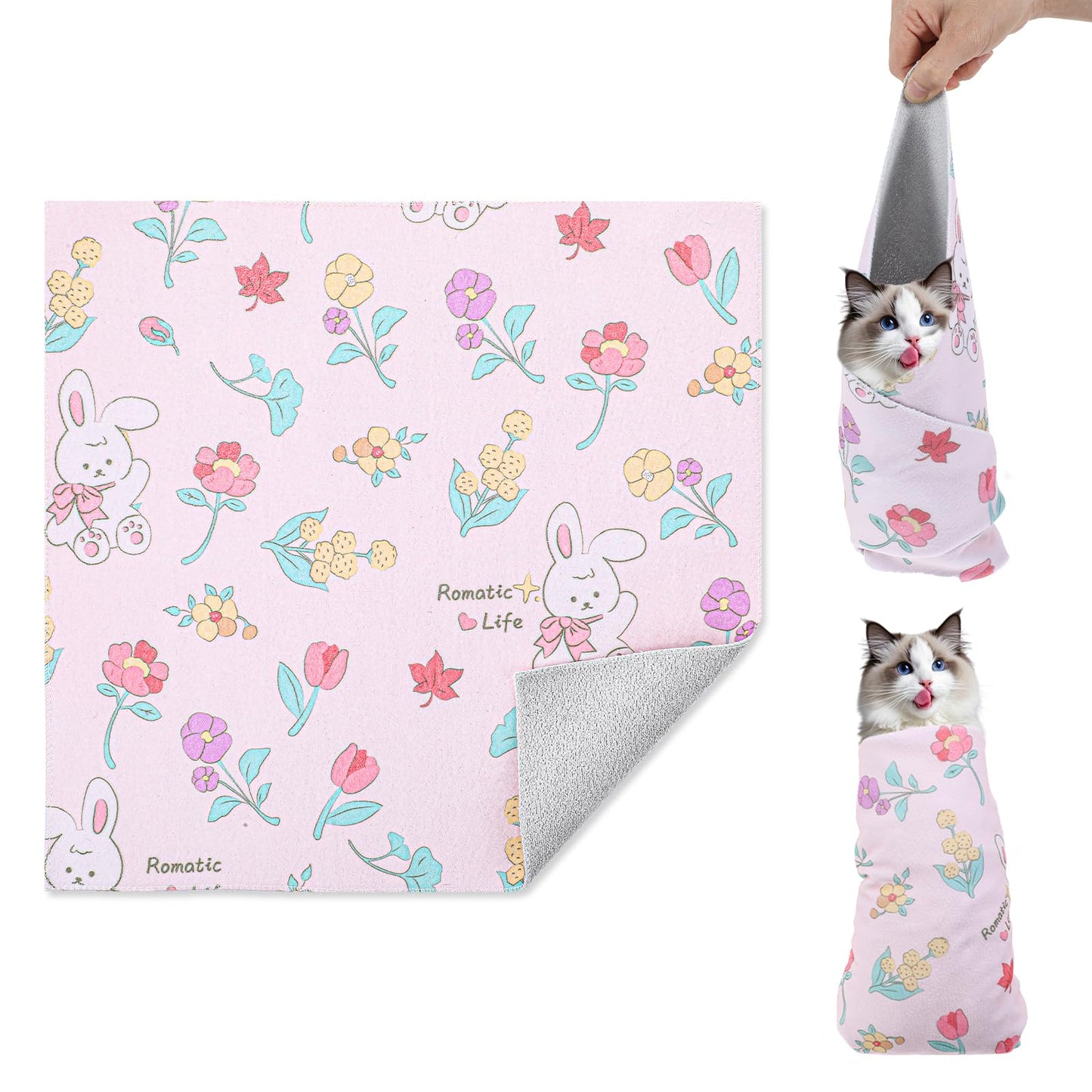 Nogeqi Cat Grooming Wrap, Self-Adherent Fabric Cat Wrap for Cutting Nails, Cat Burrito Wrap to Anti-Runaway/Scratch/Bitten Cat Swaddle Wrap Blankets for Indoor Cats Rabbit Style (13.78x13.78inch)
