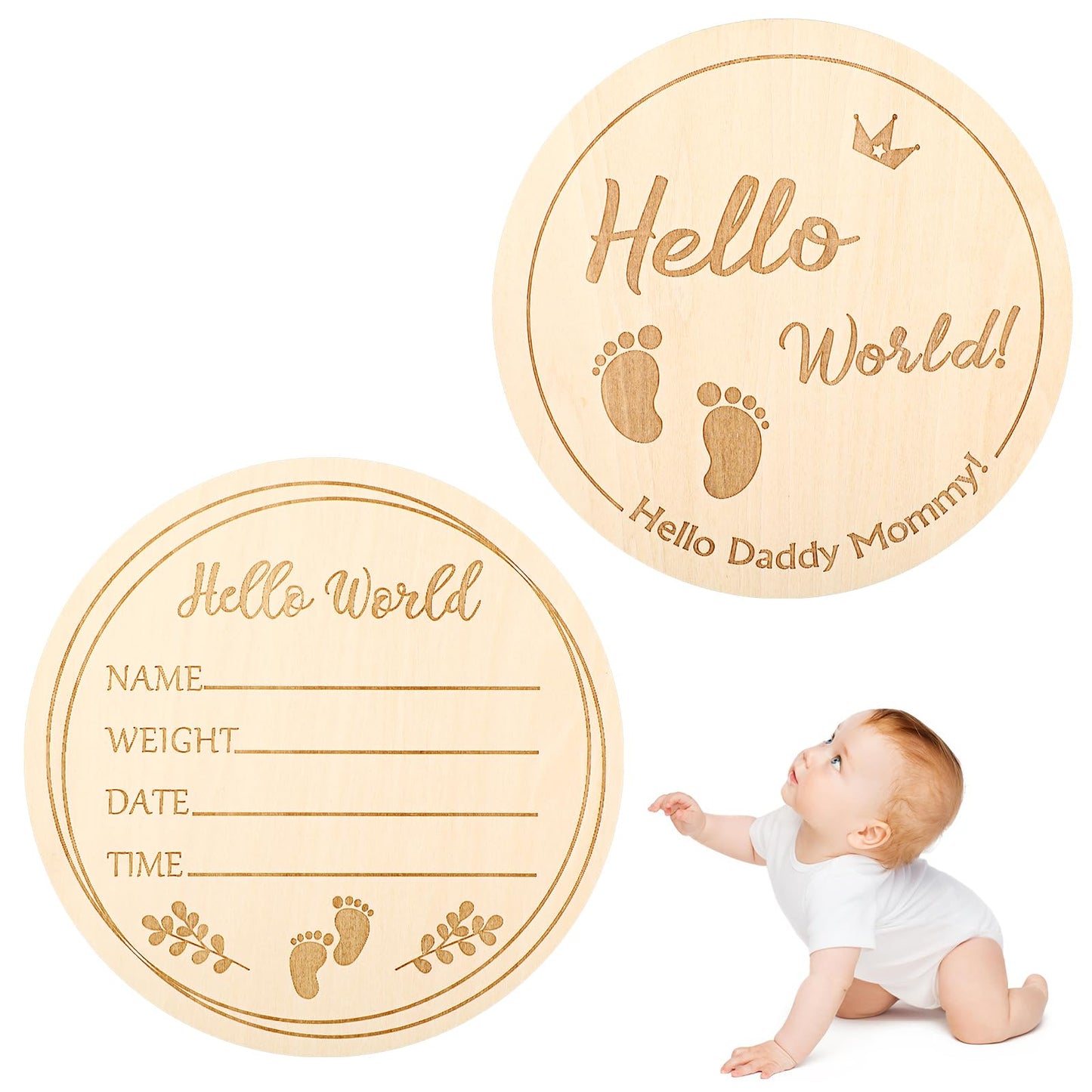 Tyqour Wooden Baby Announcement Sign Birth Announcement Sign Hello World Baby Name Sign Footprint Sign Baby Gifts for Hospital Photo Prop Baby Shower