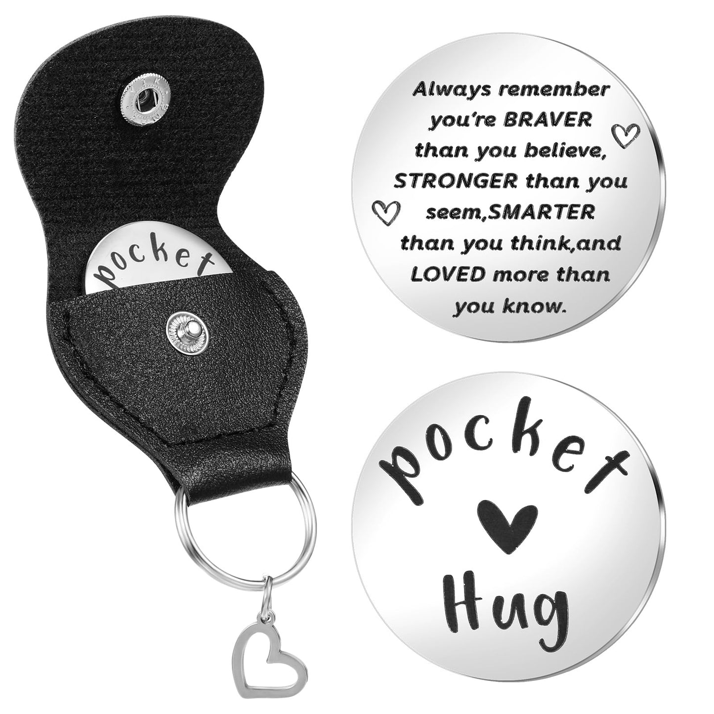 Mabor Pocket Hug Token Stainless Steel Little Pocket Hug Coin Long Distance Relationship Gifts Double Sided Thinking of You Gifts for Friends with Leather Case Keyring