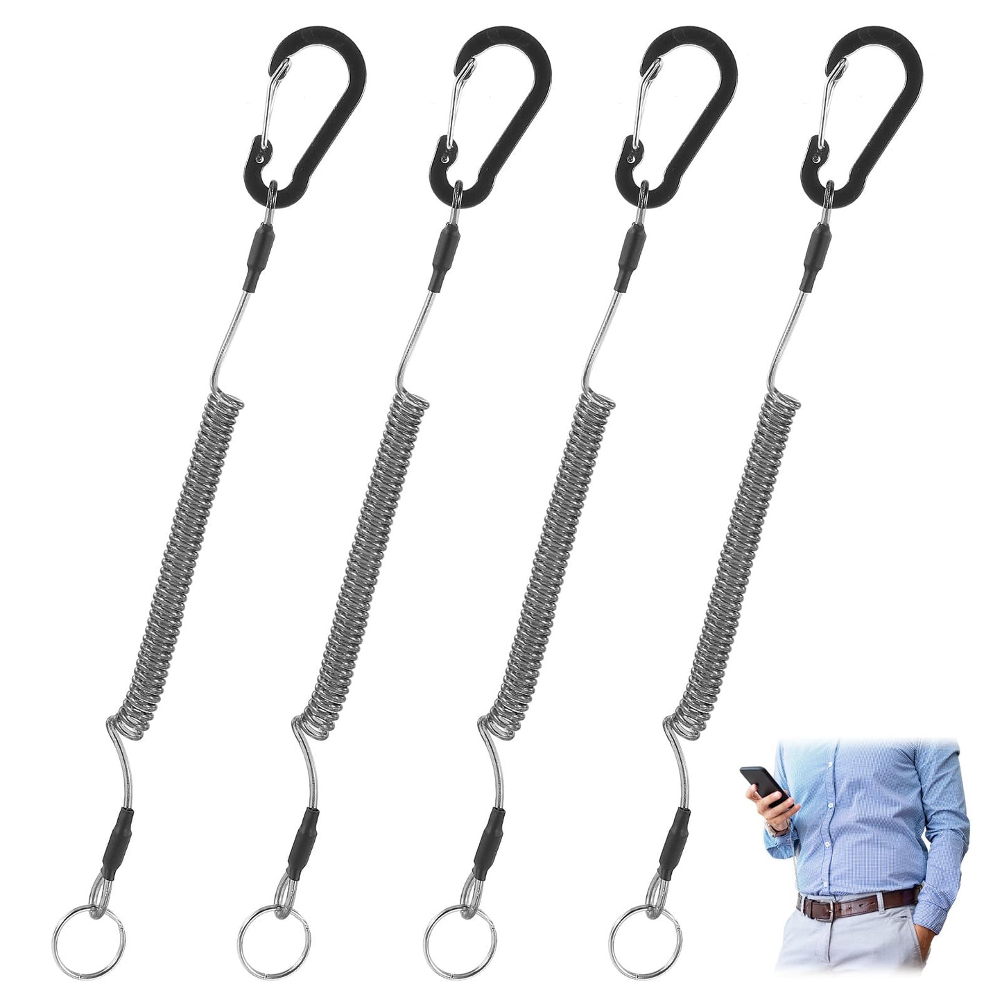 Tyqour 4pcs Black Heavy Duty Fishing Lanyard, Retractable Safety Spring Coil Keychain for Keys Wallet Cellphone,Tpu Tool Lanyards for Hand Tools with Alloy Carabiner and Split Ring for Fishing Tools